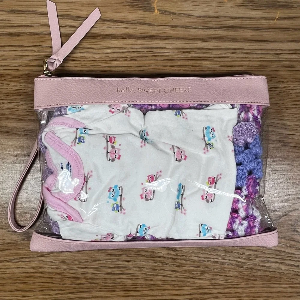 Gerber Baby Girl Owl Onesie 0-3M Crochet Blanket Pink Travel Pouch Gift Set‎